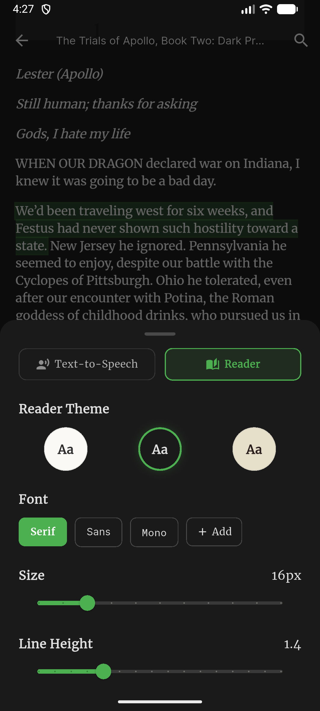 Velum Dark Theme Reader Settings